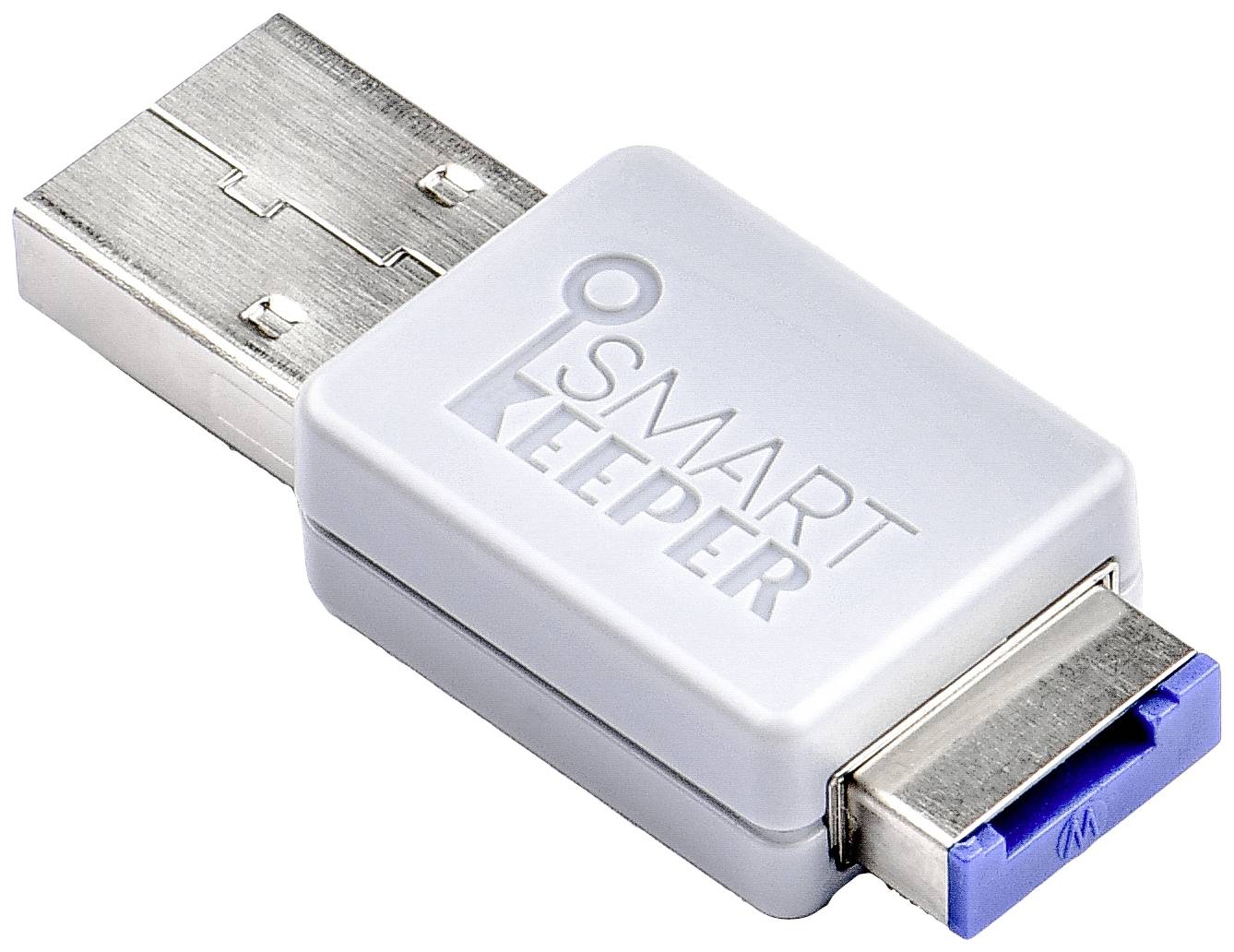 USB-Gerät mit der Aufschrift 'Smart Keeper', das einen Anschluss blockiert, um unbefugten Zugriff zu verhindern.