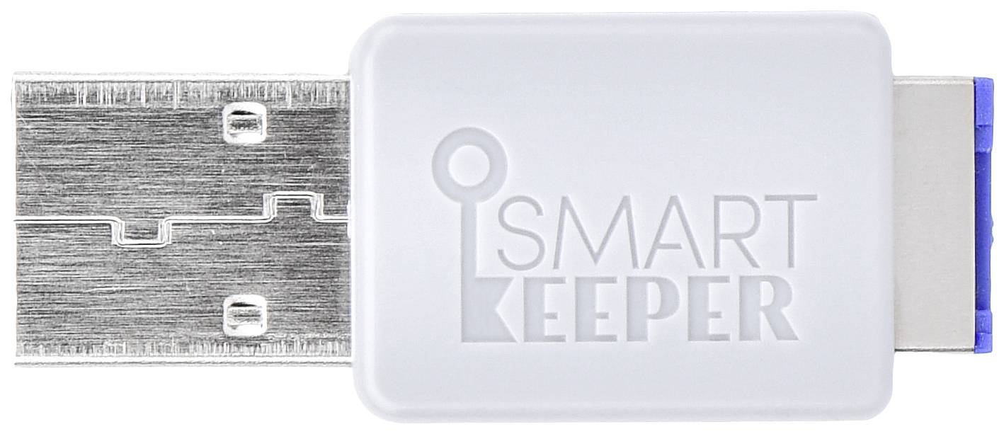 Ein USB-Gerät mit einer weißen Abdeckung, auf der 'Smart Keeper' steht, symbolisiert Schutz und Sicherheit von Daten auf USB-Laufwerken.