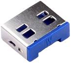 Ein blauer USB-A-Anschlussadapter mit Metalloberfläche, kompakt und für Datentransfer oder Aufladen geeignet.