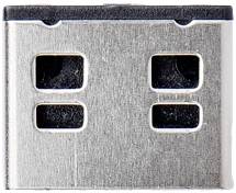 Ein USB-Stecker mit silbernem Metallgehäuse und vier rechteckigen Öffnungen.