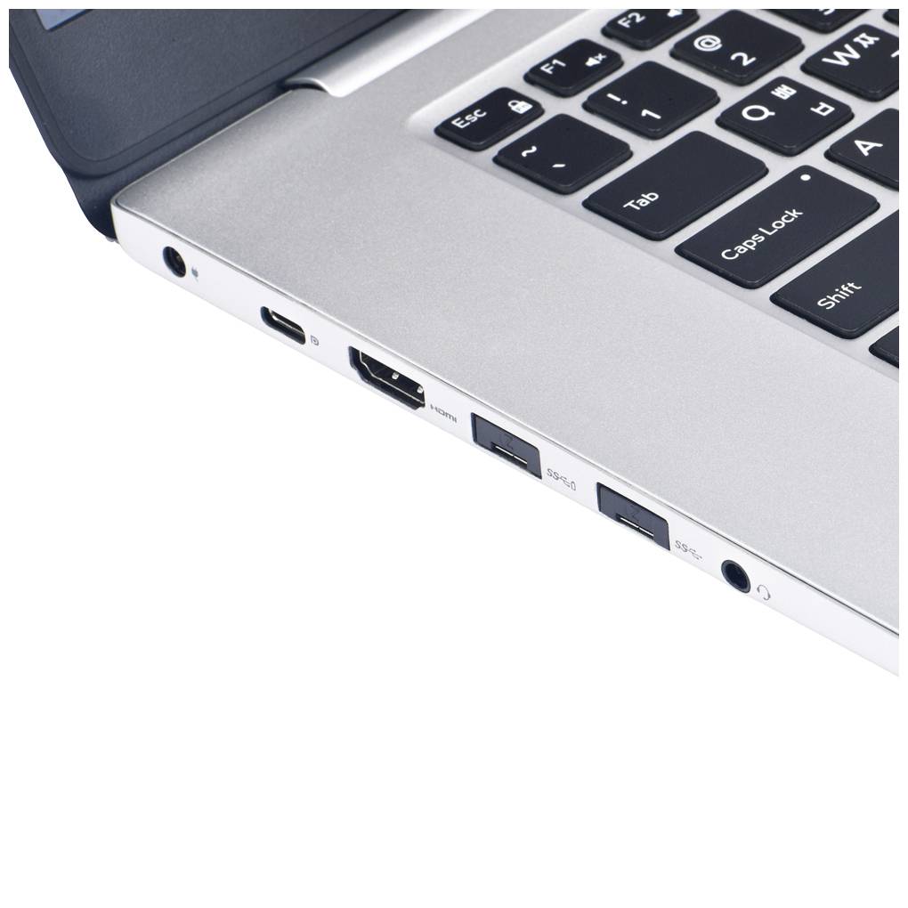 Laptop-Tastatur und -Anschlüsse in Nahaufnahme, einschließlich USB- und HDMI-Ports auf der linken Seite.