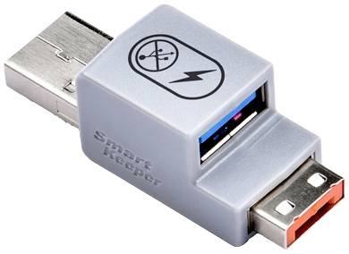 USB-Schutzadapter mit Symbolen für Datensicherheit und Stromschutz. Blockiert unbefugten Zugriff, um Datenverlust zu verhindern.