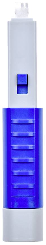 Ein blaues und graues Testgerät zum Messen des pH-Werts von Wasser, schlank und handlich, mit digitaler Anzeige und Ein-/Aus-Schalter.