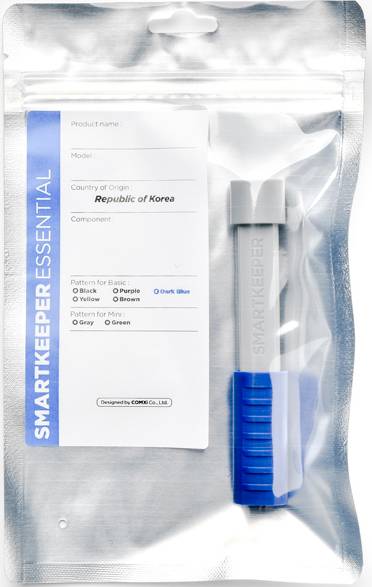 Das Bild zeigt eine Verpackung mit der Aufschrift 'SMARTKEEPER ESSENTIAL'. Enthält ein blaues Sicherheitswerkzeug. Herkunftsland: Republik Korea.