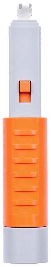 Kompakter orangener und grauer Stempel mit einem Schiebemechanismus oben.