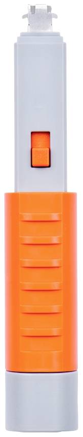 Ein orange-grauer elektrischer Barttrimmer mit rotem Schalter, vertikal ausgerichtet, für die Pflege von Gesichtshaaren.