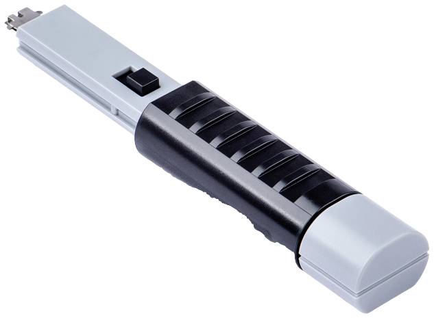 Ein schwarzer und grauer Elektroschocker mit geriffeltem Griff und Schalter auf der Oberseite.