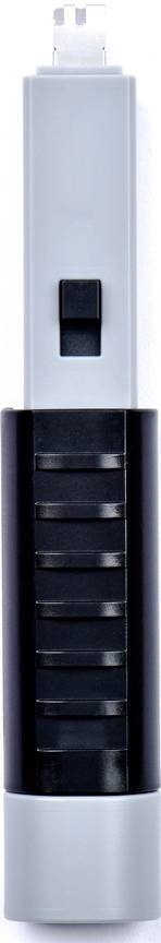 Ein elektronisches Gerät mit schlankem, vertikalem Design. Es hat einen grauen oberen und unteren Abschnitt und einen schwarzen, geriffelten Mittelteil.