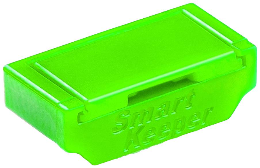 Grüner Plastikverschluss mit der Aufschrift 'Smart Keeper', möglicherweise zum Schutz oder zur Sicherung von Anschlüssen oder Ports.