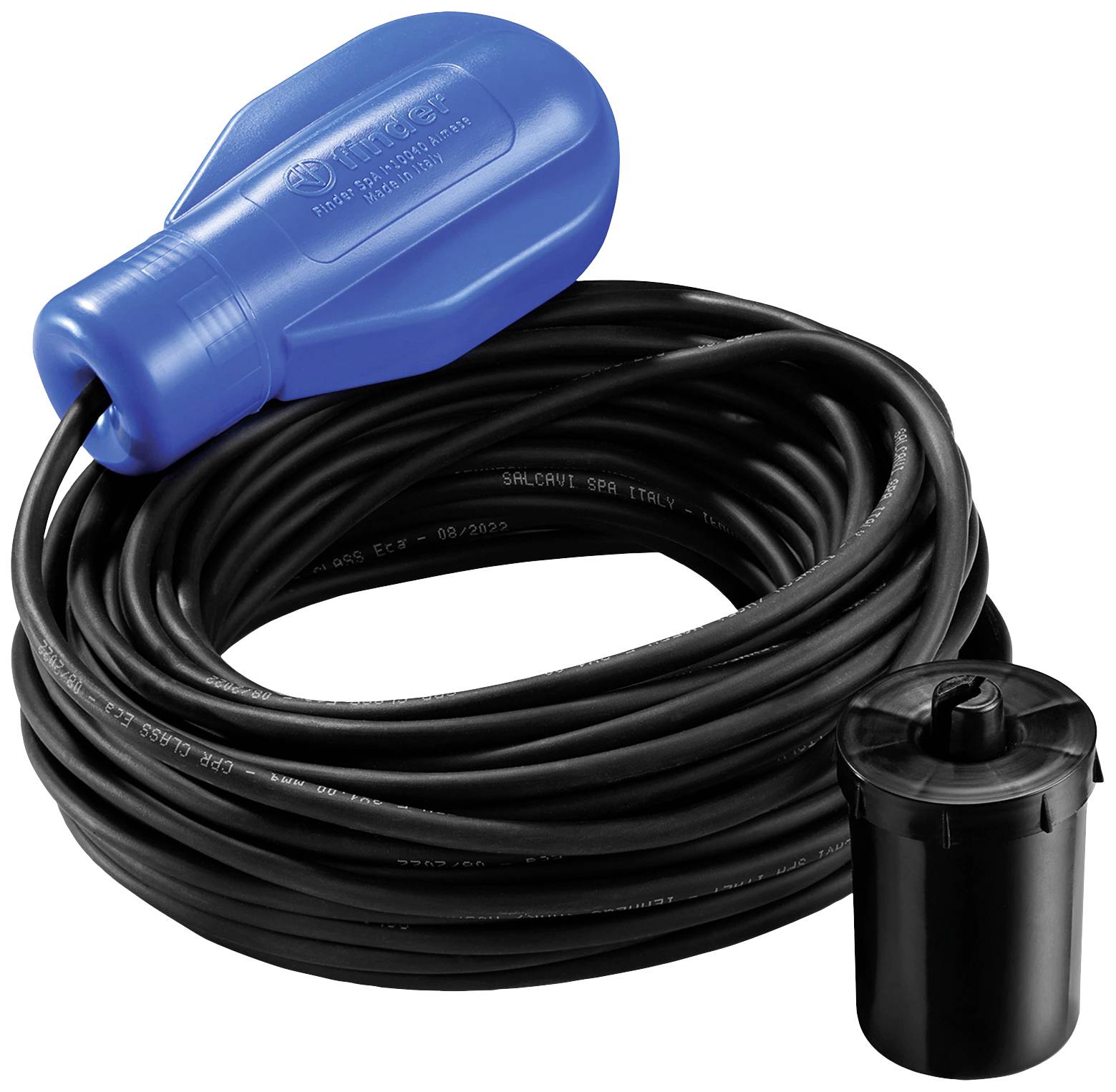 Blauer Schwimmerschalter mit langem schwarzen Kabel und schwarzem Gewicht, verwendet zur Steuerung des Wasserstands in Behältern.