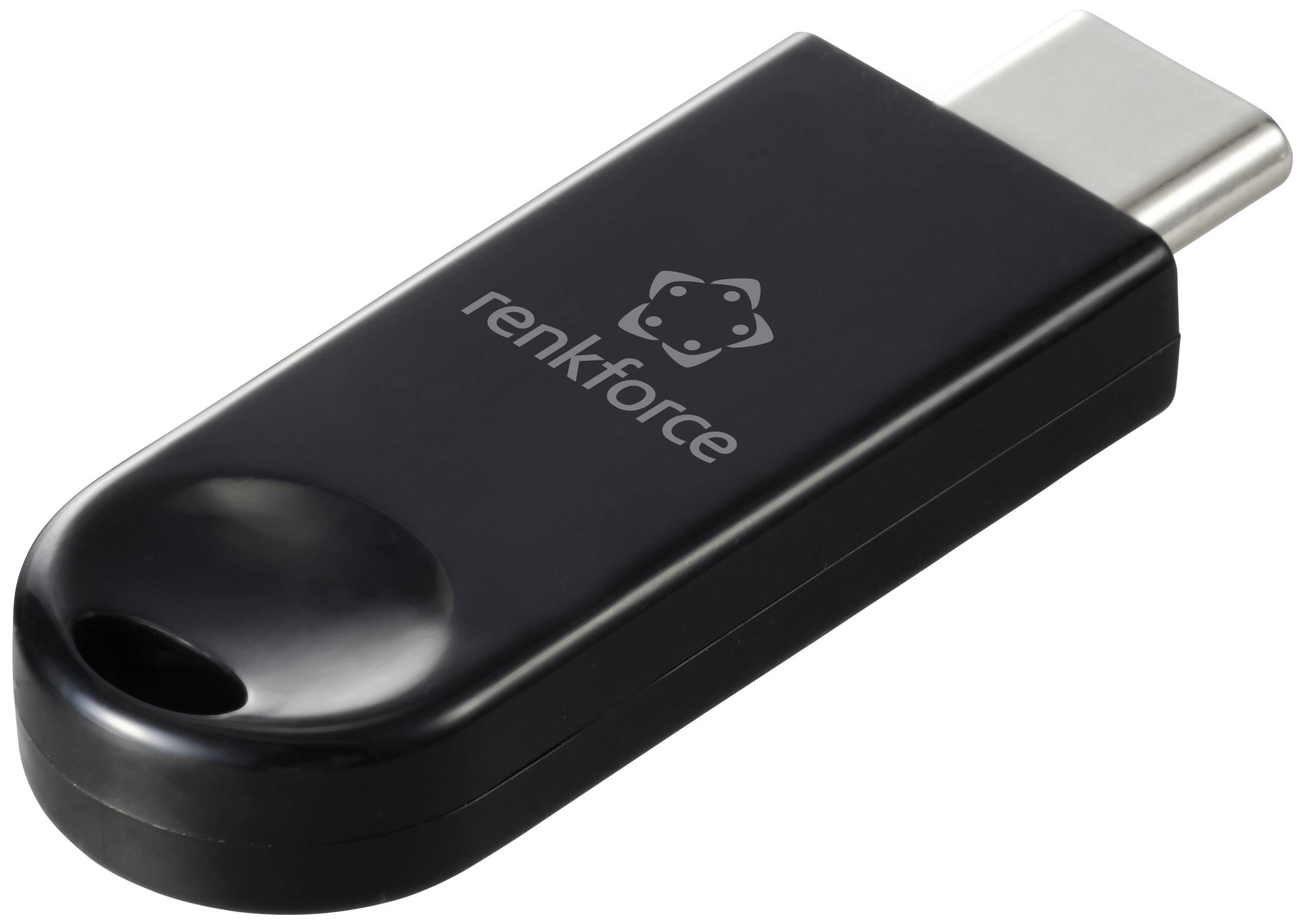 Ein schwarzer USB-Stick mit der Aufschrift 'renkforce'. Der Stick hat einen abgerundeten Kopf und einen USB-C-Anschluss.