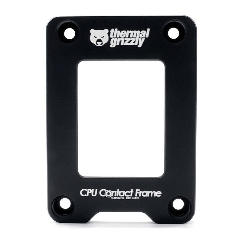 Ein schwarzer CPU-Rahmen von Thermal Grizzly, rechteckig mit vier Löchern an den Ecken, Aufschrift 'CPU Contact Frame for Intel 13th Gen'.
