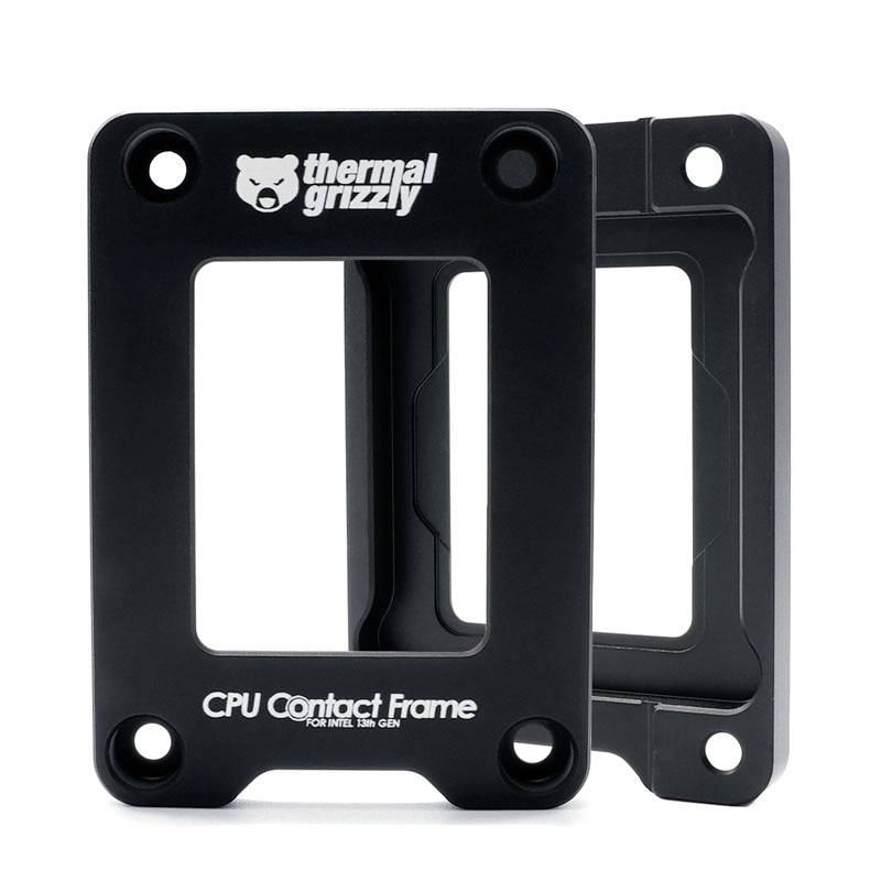 Schwarzer CPU-Kontaktrahmen von Thermal Grizzly für Intel 13. Generation, rechteckige Form, zwei sichtbare Schraubenlöcher.