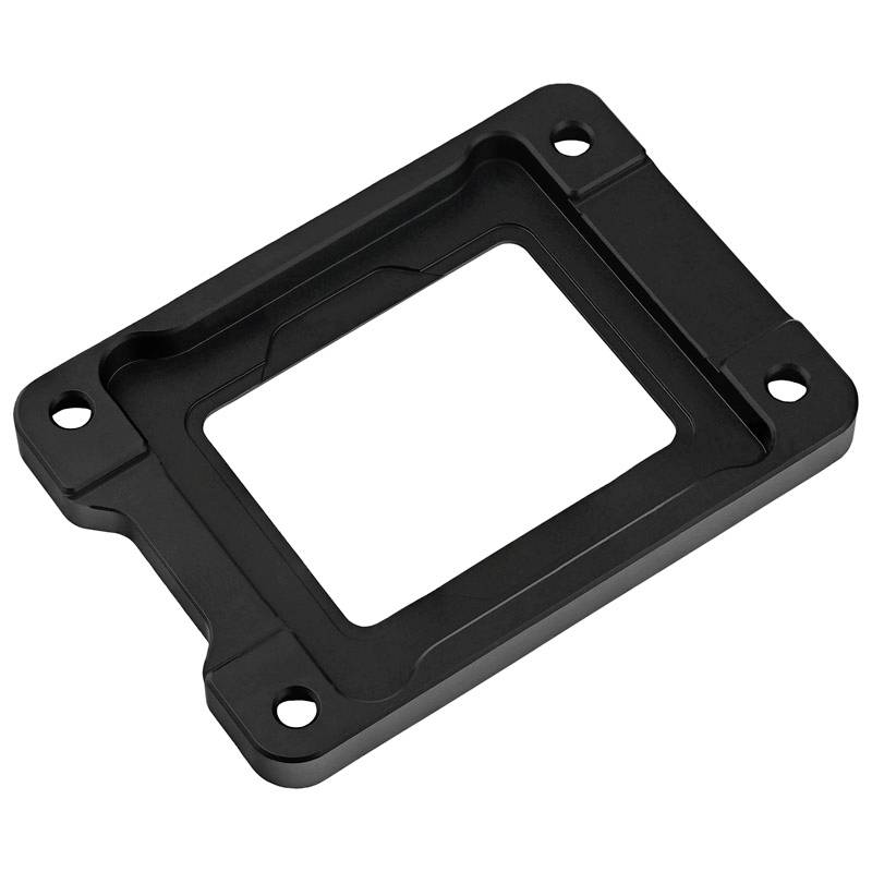 Schwarzes rechteckiges Kunststoffteil mit Schraublöchern an den Ecken, vermutlich eine Halterung oder Abdeckung für technische Geräte.
