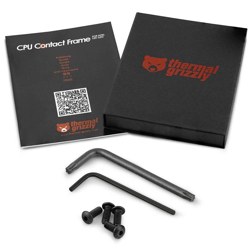 'CPU Contact Frame' von Thermal Grizzly: Verpackung, Anleitung mit QR-Code, zwei Inbusschlüssel und vier Schrauben auf weißem Hintergrund.