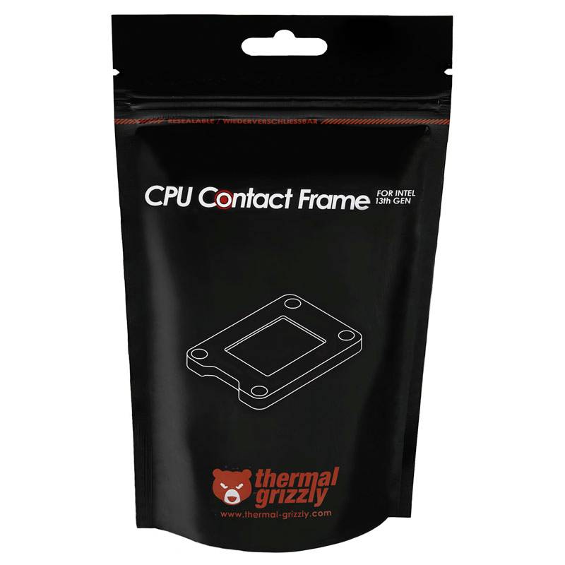 'CPU Contact Frame für Intel 13th Gen' ist auf einer schwarzen Verpackung von 'Thermal Grizzly' zu sehen.