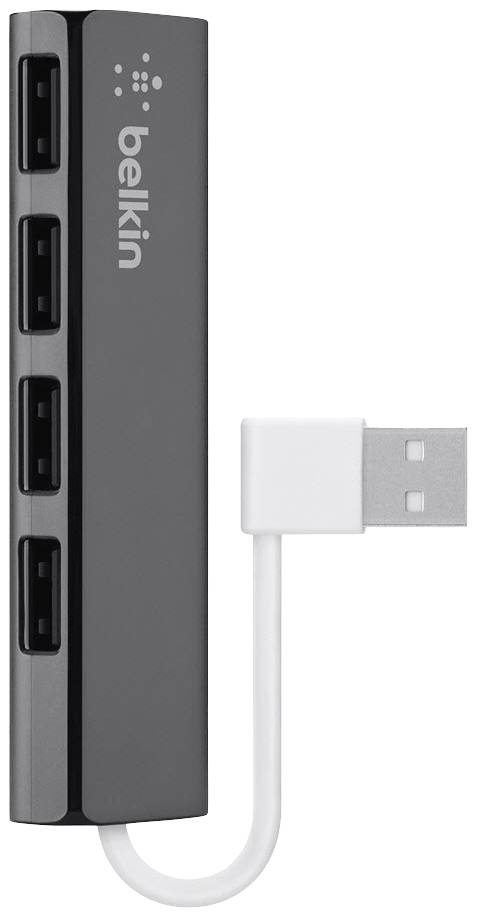 USB-Hub mit vier Anschlüssen und integriertem Kabel. Vertikale Ausrichtung, mit dem Markenlogo auf der linken Seite.
