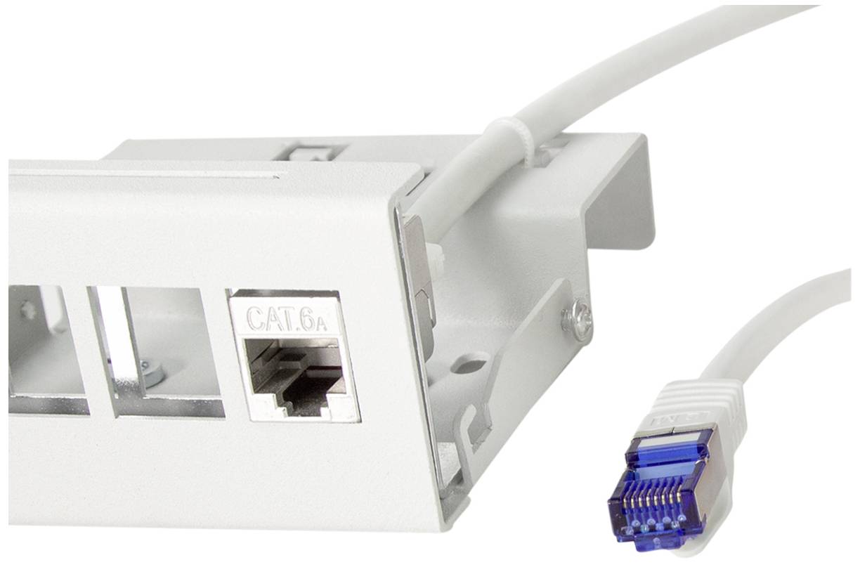 Ein weißes CAT 6A Netzwerk-Modul mit angeschlossenem Ethernet-Kabel.