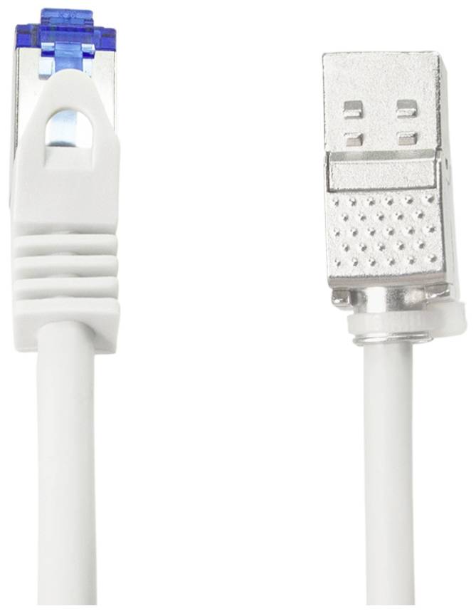 Ein weißes Kabel mit einem RJ45-Stecker auf der linken Seite und einem USB-Stecker auf der rechten Seite, geeignet für Netzwerkverbindungen.