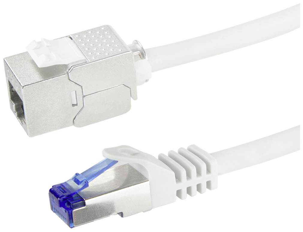 Zwei Netzwerkkabel. Oben ein silberner Adapter mit RJ45-Buchse, unten ein weißes Kabel mit blauem RJ45-Stecker.