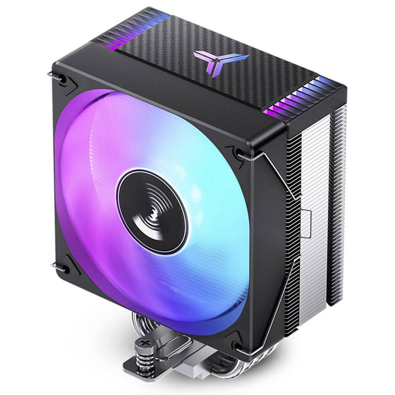 PC-Lüfter mit RGB-Beleuchtung, zeigt verschiedene Farben. Rechteckiges Gehäuse, geeignet für Computer-Kühlung.