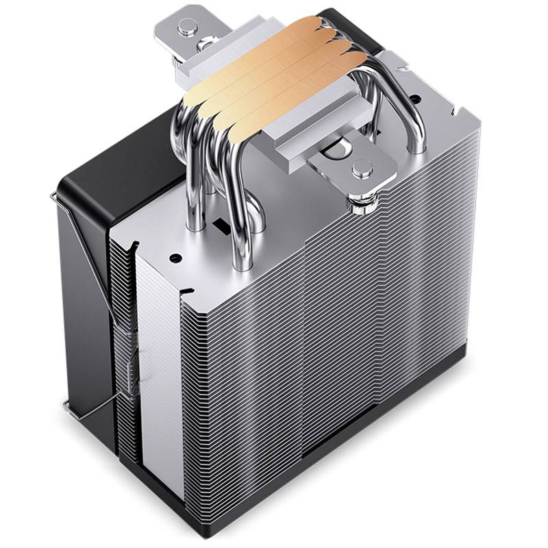 Kühlkörper mit mehreren vertikalen Lamellen und Kupfer-Heatpipes, verwendet zur Wärmeableitung in elektronischen Geräten.