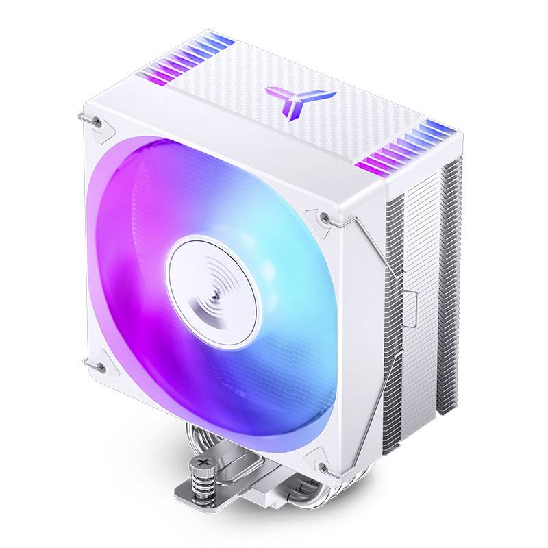 Eine weiß-silberne CPU-Kühlung mit einem eingebauten Lüfter, der in Regenbogenfarben leuchtet.