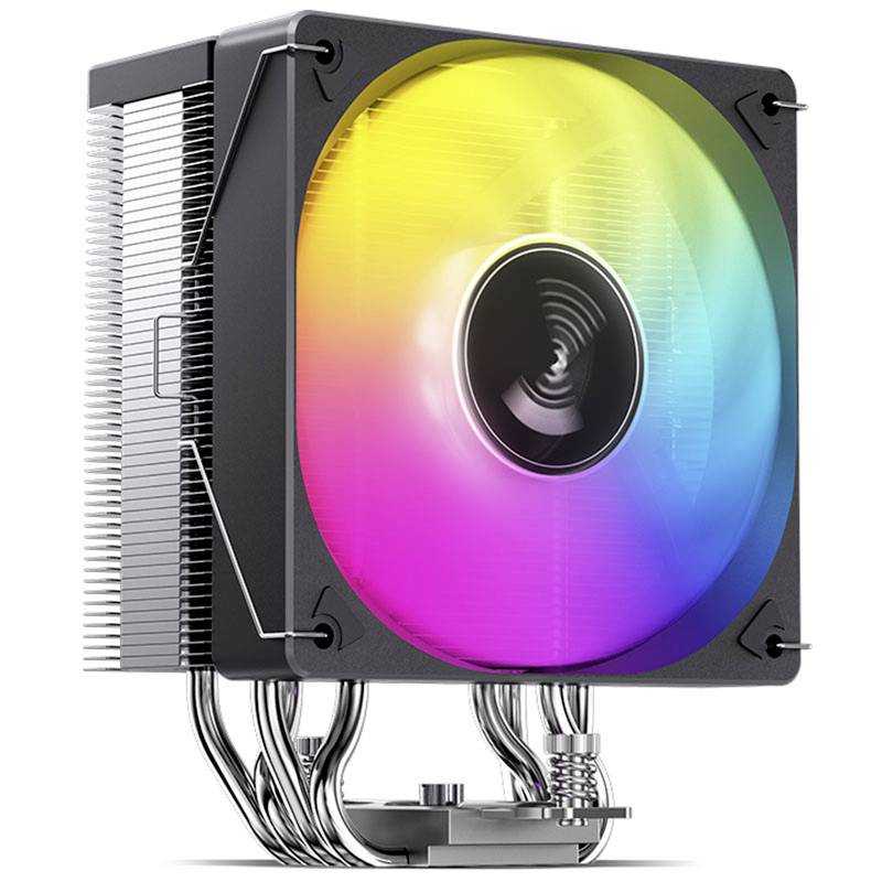 Ein CPU-Kühler mit großem, kreisförmigem Lüfter, der in leuchtenden Regenbogenfarben leuchtet. Metallische Kühlrippen sind seitlich sichtbar.