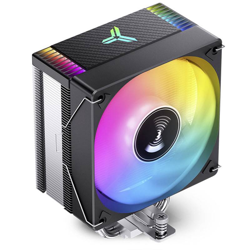 Lüfterkühler für Computer mit RGB-Beleuchtung, schwarzes Gehäuse, reflektiert Regenbogenfarben, vertikal aufgestellt.