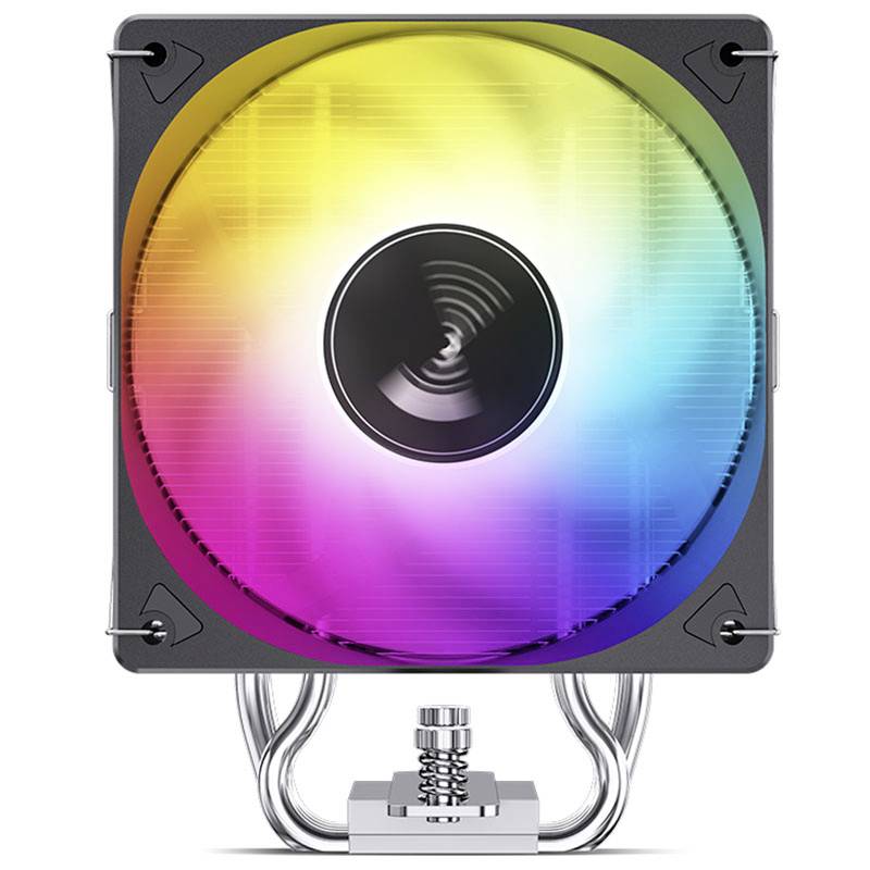 Ein quadratischer Lüfter mit RGB-Beleuchtung in einem Farbverlauf von Gelb über Blau zu Rot, montiert auf einem silbernen Sockel.