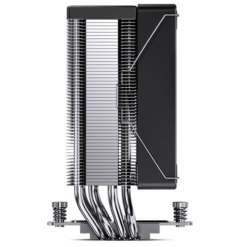 Kühler für Computer mit vertikal angeordneten Heatpipes und Kühlrippen, neben einem schwarzen Lüfter, auf einem Metallfuß.