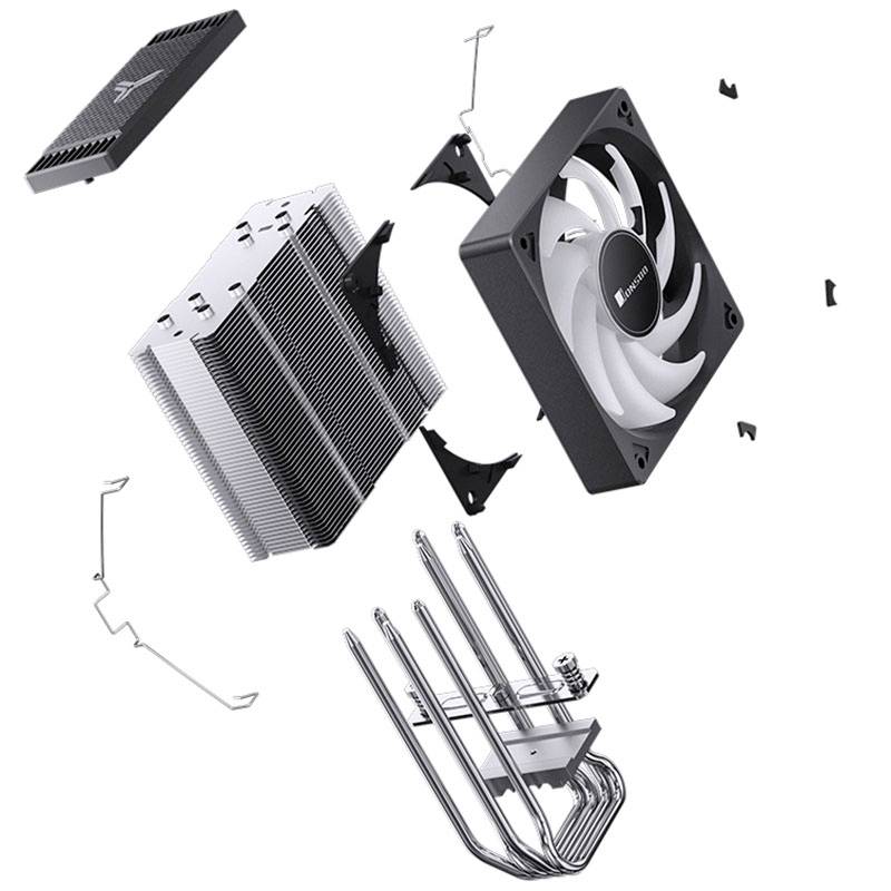 Explosionsdarstellung eines CPU-Kühlers mit Lüfter, Kühlkörper, Heatpipes und Montagezubehör in der Luft angeordnet.