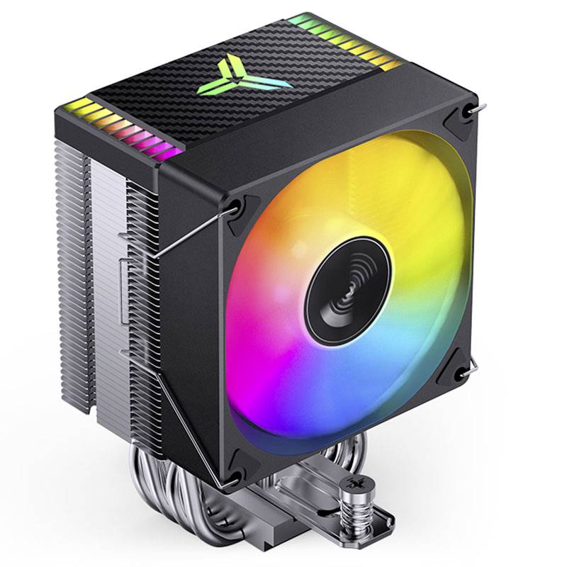 Schwarzer CPU-Kühler mit einem großen, runden RGB-Lüfter in der Mitte. Er hat metallische Lamellen zur Kühlung und ein modernes Design.