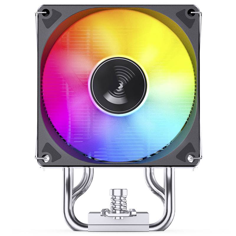 CPU-Kühler mit einem beleuchteten, farbenfrohen Lüfter. Das Licht ist in Regenbogenfarben gehalten. Metallrohre sind unten sichtbar.