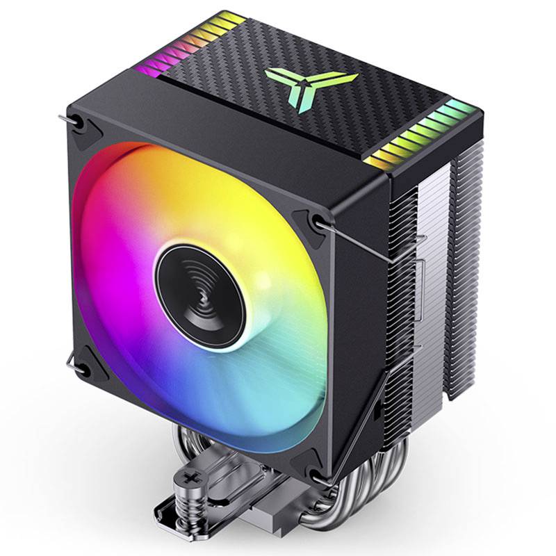 Ein CPU-Kühler mit einem leuchtenden, regenbogenfarbenen LED-Lüfter und einem schwarz-silbernen Gehäuse, das ein markantes Farbspiel zeigt.