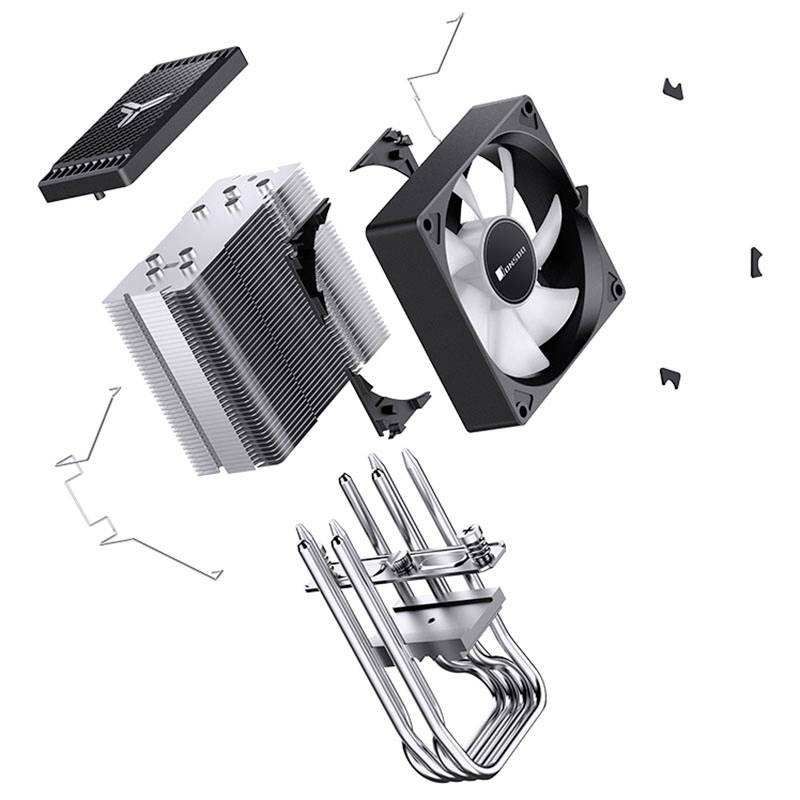 Kühler-Kit mit Lüfter, Kühlrippen und Heatpipes in Einzelteilen dargestellt, zeigt alle Komponenten für einen PC-Prozessor-Kühlmechanismus.