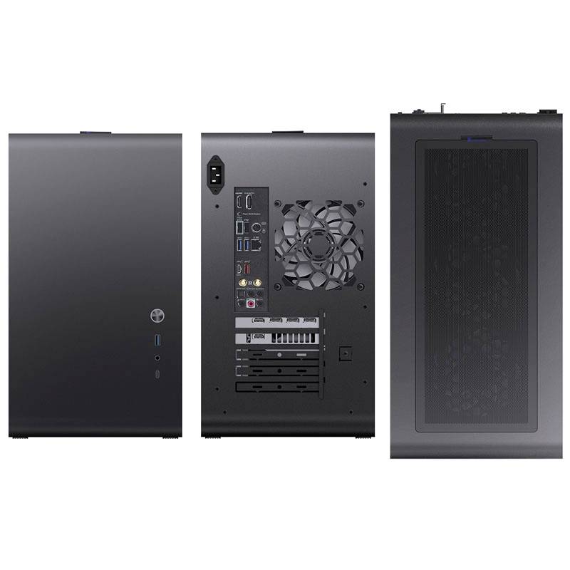 Blick auf ein Computergehäuse von oben, hinten und oben mit Lüftungsgitter oben und Anschlüssen hinten.