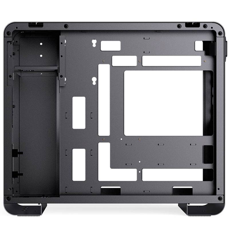 PC-Gehäuse ohne Front- oder Seitenverkleidungen, zeigt offenen Innenbau mit Platz für Motherboard, Lüfter, und andere Komponenten.