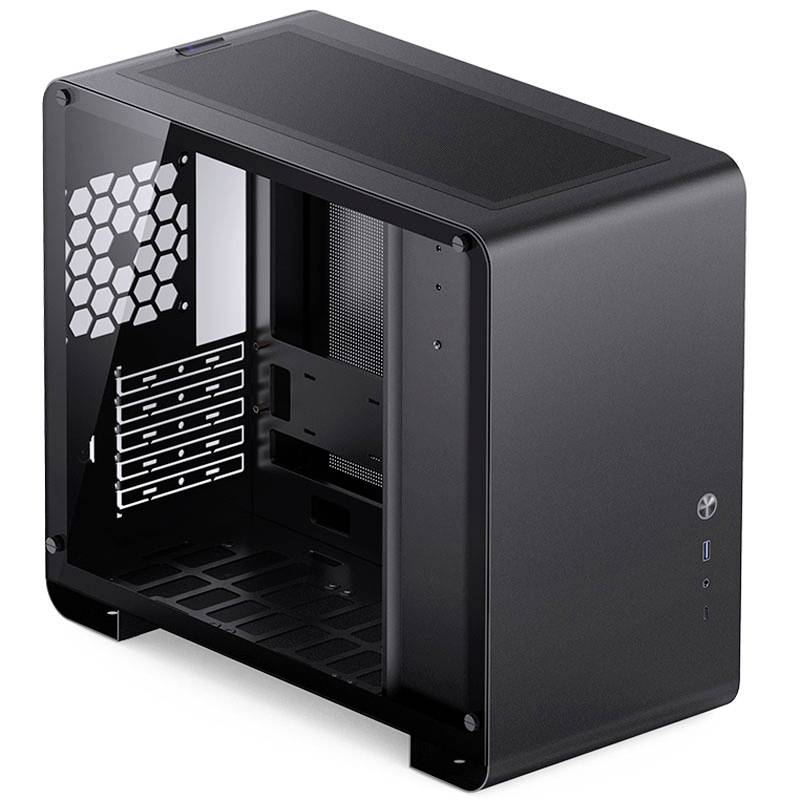 Ein schwarzes PC-Gehäuse mit offenem Seitenfenster aus Glas, zeigt leere Laufwerksschächte und Belüftungsöffnungen hinten.