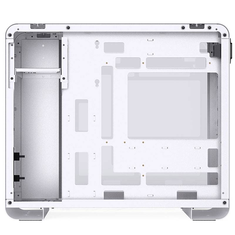 Computertower mit entferntem Seitenteil zeigt internes Layout. Platz für Motherboard, Grafikkarte und Laufwerke sichtbar.