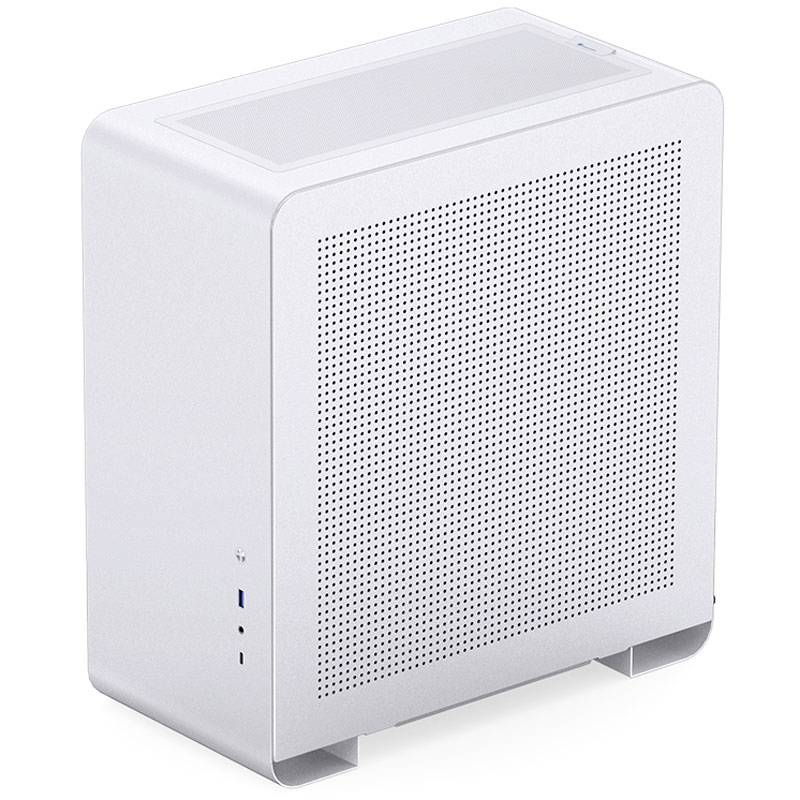 Weiße, rechteckige Computerhülle mit seitlicher Lochmusterung und Anschlüssen an der Vorderseite.