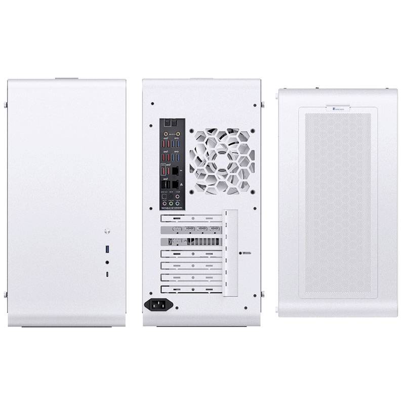 Drei Ansichten eines weißen Computergehäuses, Vorderseite mit USB-Anschlüssen, Rückseite mit Lüftung und Anschlüssen, Oberseite mit Gitter.