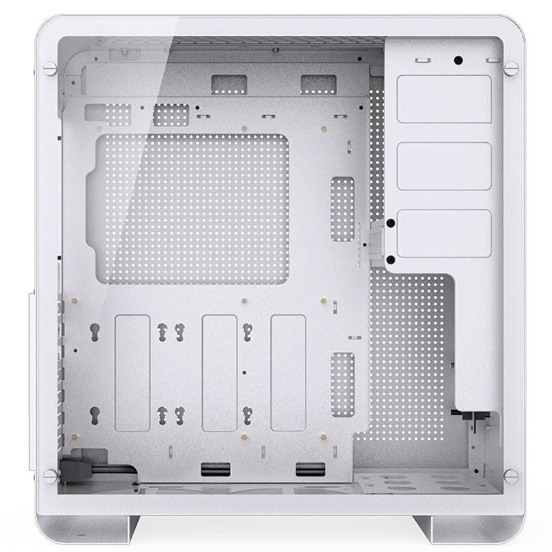 Ein leeres weißes PC-Gehäuse mit mehreren Einbauschächten und Belüftungsöffnungen; Ansicht der inneren Struktur ohne Komponenten.