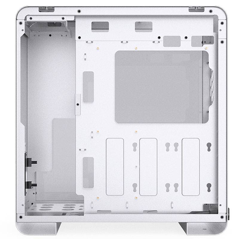 Schlichtes, leeres Computergehäuse aus Metall, offen an einer Seite. Keine Komponenten installiert. Sicht auf Innenraum für mögliche Hardware.