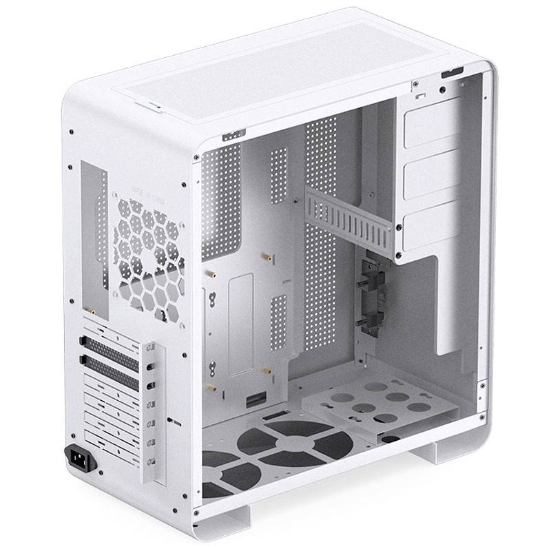 Ein weißes Computergehäuse mit sichtbaren internen Metallrahmen, ohne installierte Komponenten, freistehend auf weißem Hintergrund.