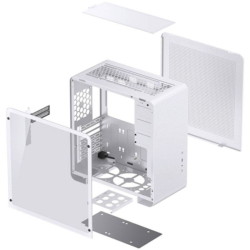 Explodierte Ansicht eines weißen PC-Gehäuses mit abnehmbaren Seitenteilen und Oberteil zeigt Innenstruktur und Komponentenplätze.