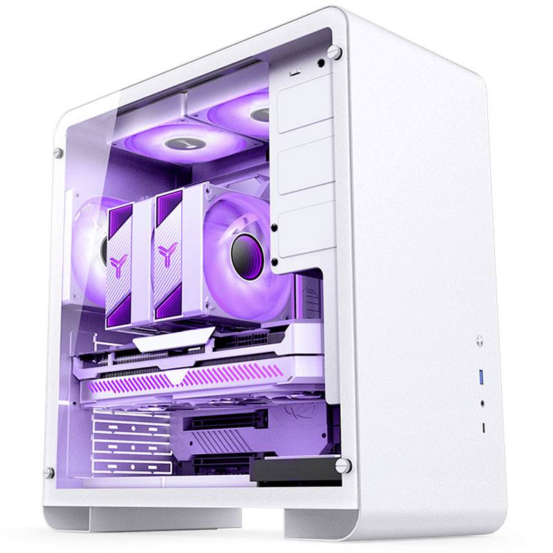 Ein weißes PC-Gehäuse mit seitlichem Glasfenster zeigt lila beleuchtete Komponenten, darunter Lüfter und Grafikkarte.