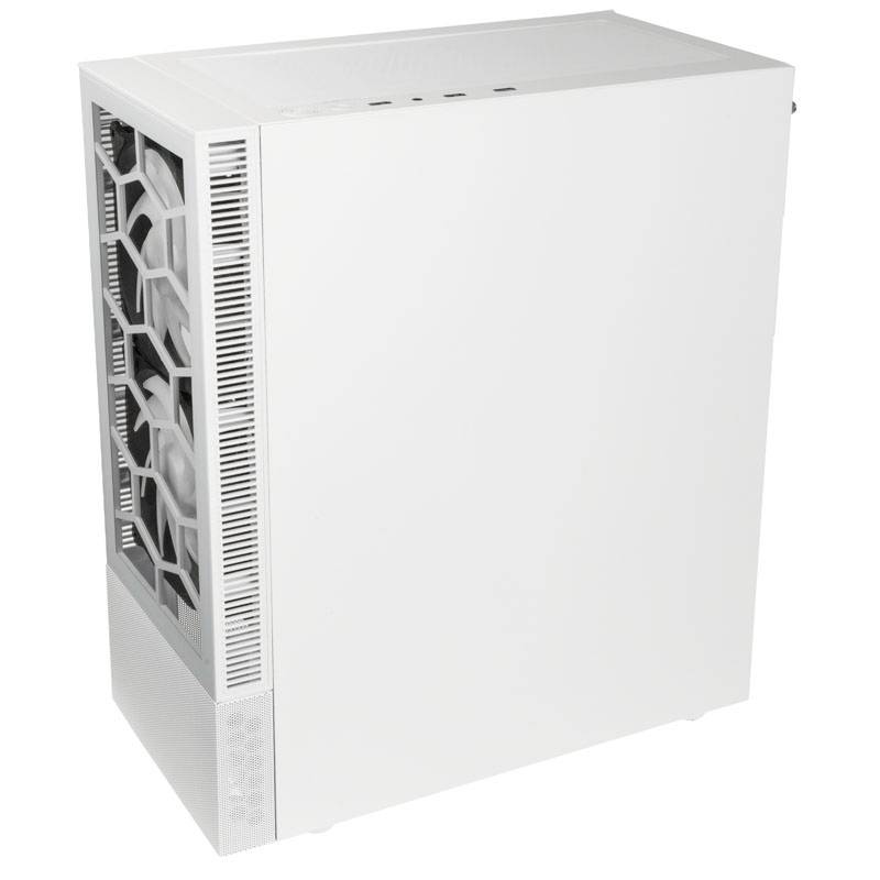 Weiße Computergehäuse mit seitlicher Lüftungsöffnung.