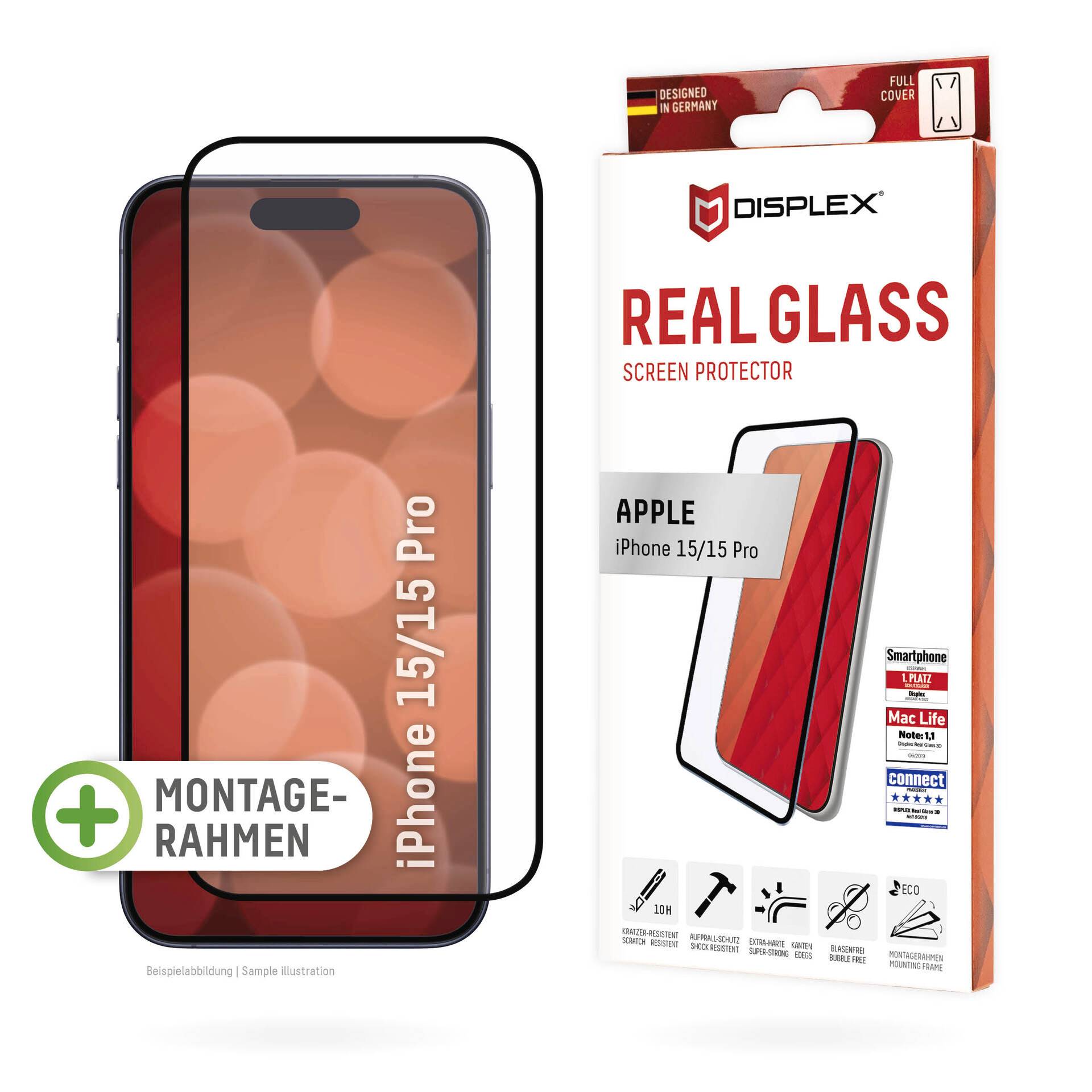Displayschutz aus echtem Glas für iPhone 15/15 Pro mit Montagerahmen. Verpackung zeigt Schutzfolie auf Smartphone. Hergestellt in Deutschland.