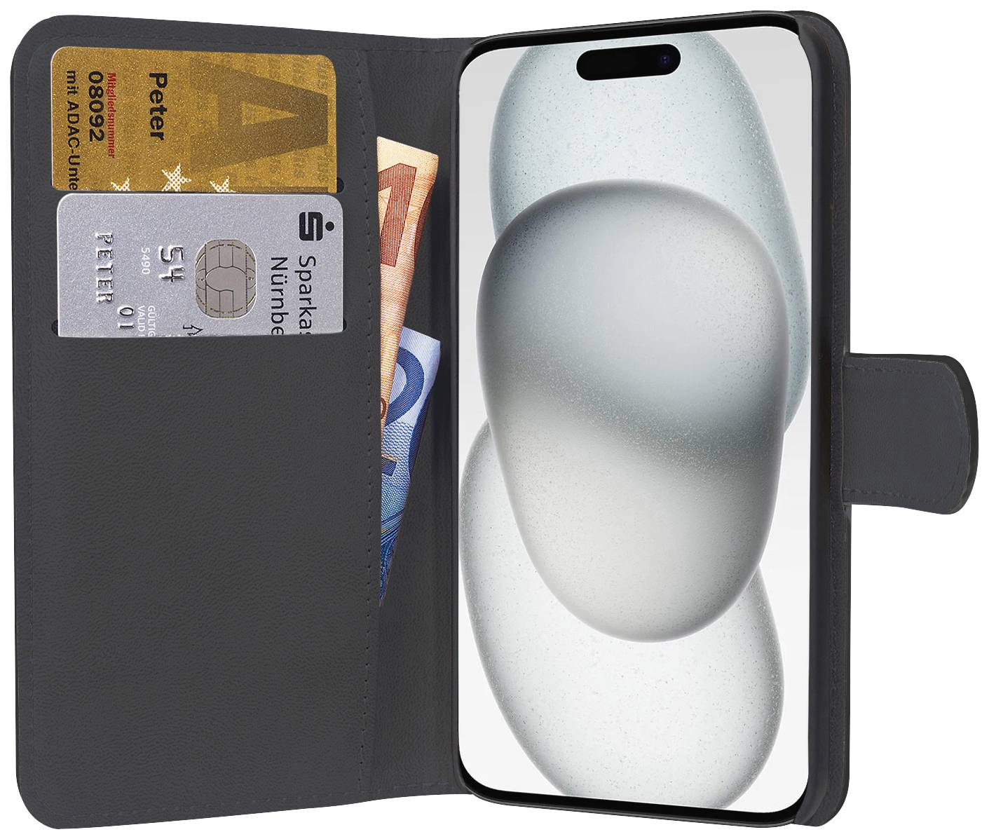 Ein Smartphone in einer schwarzen Klapphülle mit Kreditkarte, Banknoten und einem Bildschirmhintergrund mit grauen Steinen.